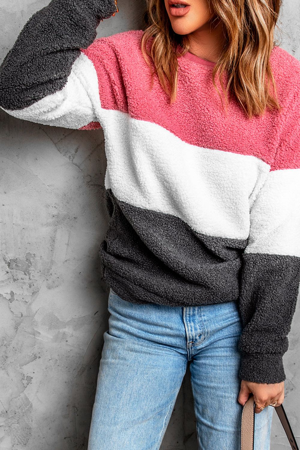 Color Block Round Neck Teddy Sweatshirt