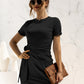 Round Neck Cuffed Sleeve Side Tie Dress