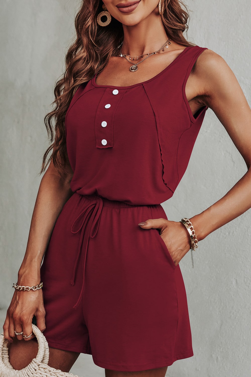 Exposed Seam Decorative Button Sleeveless Romper