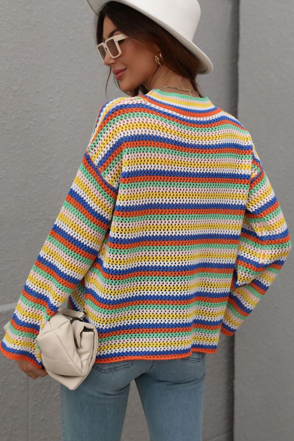 Multicolored Stripe Drop Shoulder Round Neck Sweater