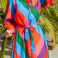Multicolored Tie-Waist Pleated Balloon Sleeve Dress
