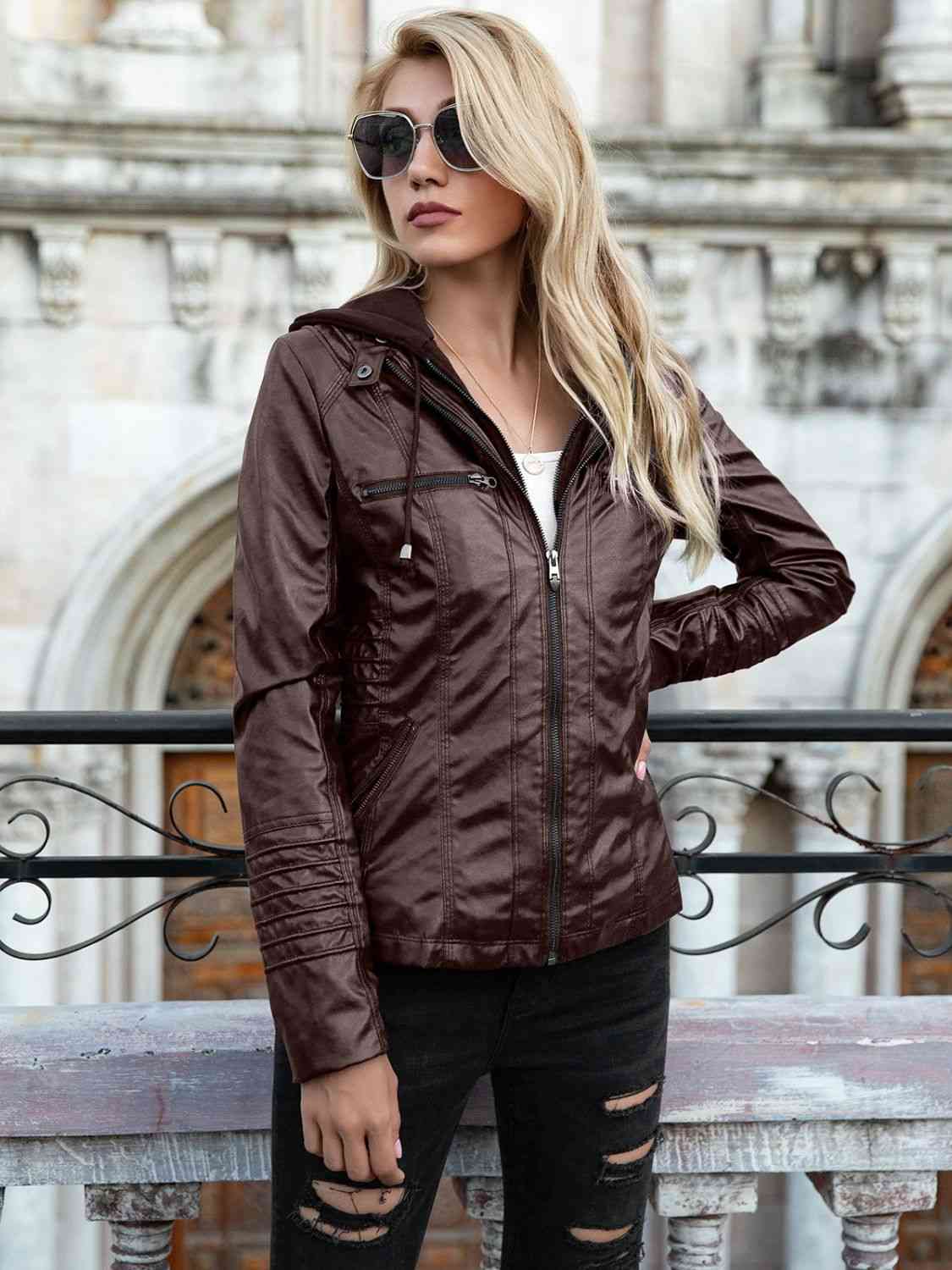 Full Size Zip-Up Hooded PU Jacket