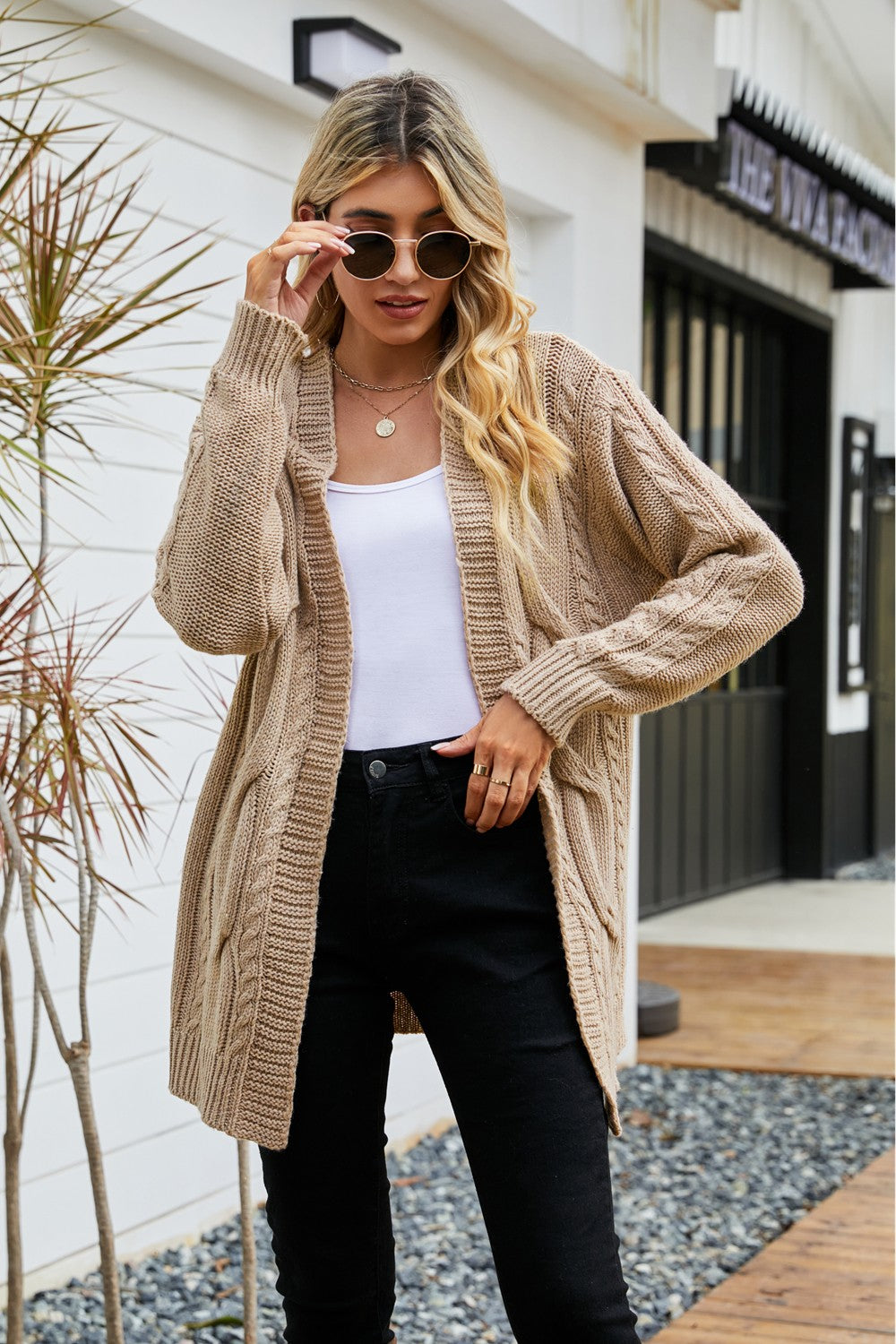 Ribbed Trim Cable-Knit Drop Shoulder Cardigan