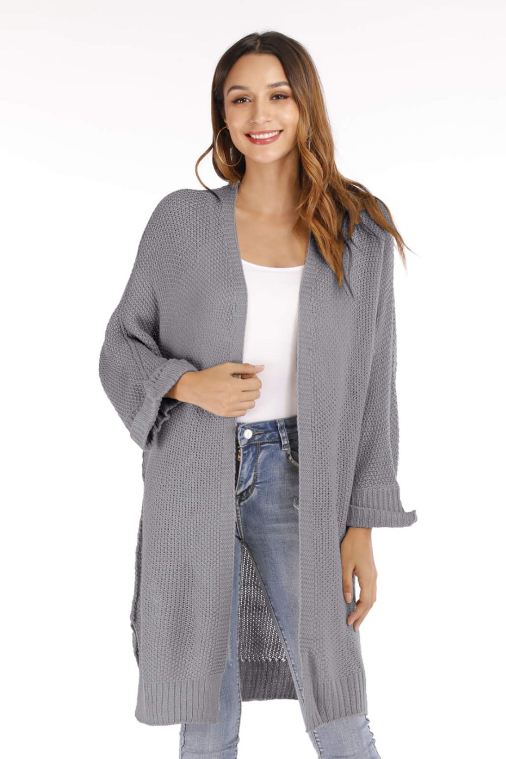 Open Front Slit Exposed Seam Cardigan