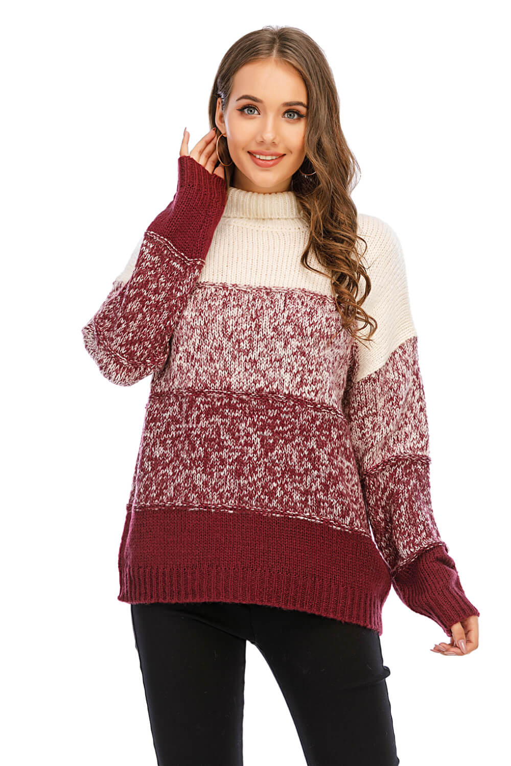 Color Block Turtleneck Knit Pullover