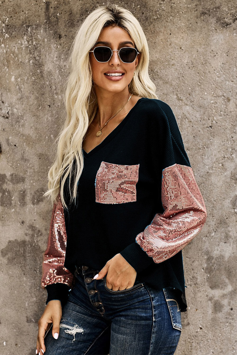 Contrast Sequin V-Neck Drop Shoulder Top