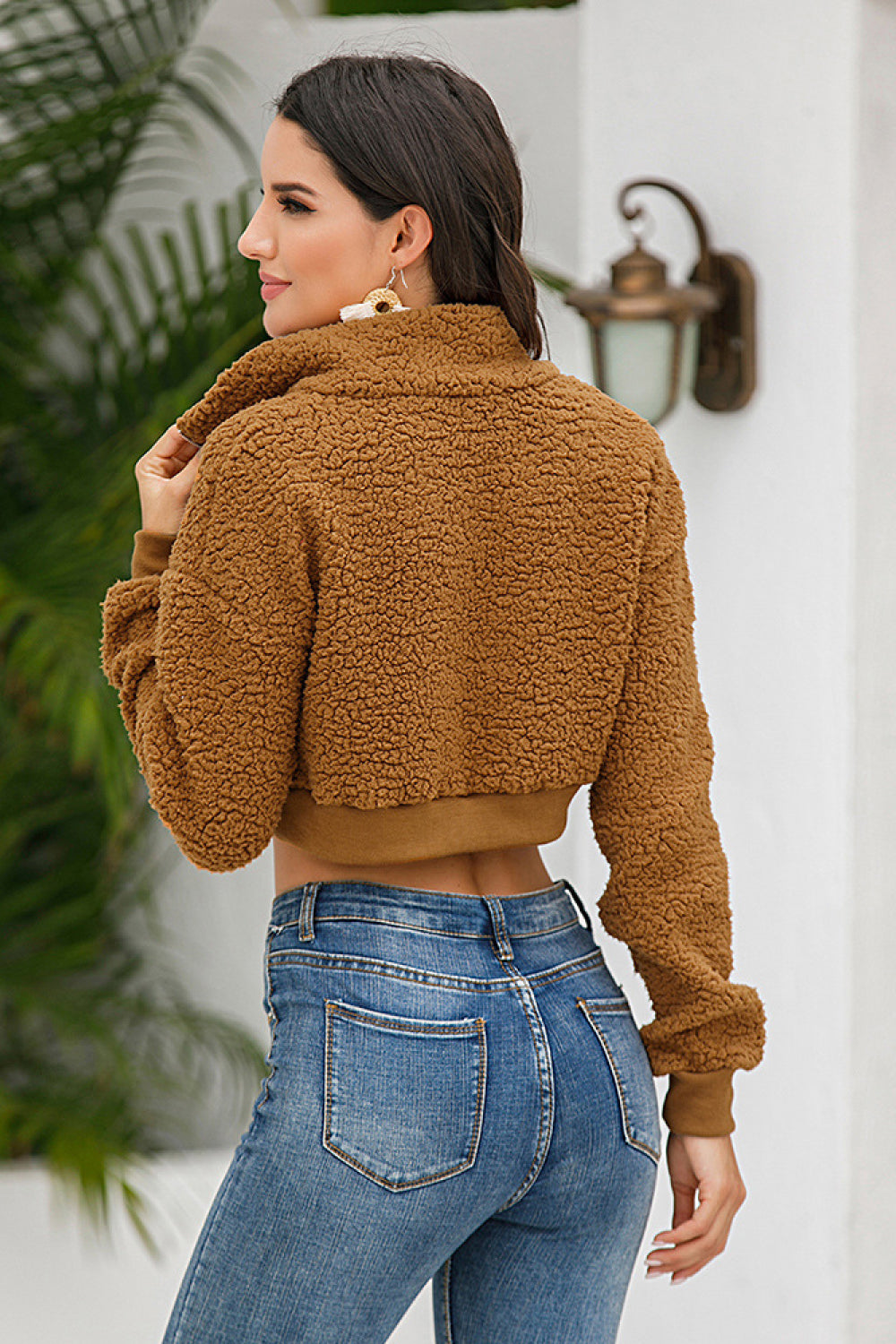 Half Zipper Turn-Down Collar Plush Crop Sweatshirt