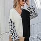Leopard Color Block V-Neck Tunic Pullover Sweater