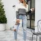 Color Block Rib-Knit Turtleneck Dropped Shoulder Sweater