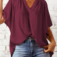 Gathered Detail Notched Neck Flutter Sleeve Top