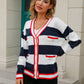 Striped Contrast Button-Up Cardigan