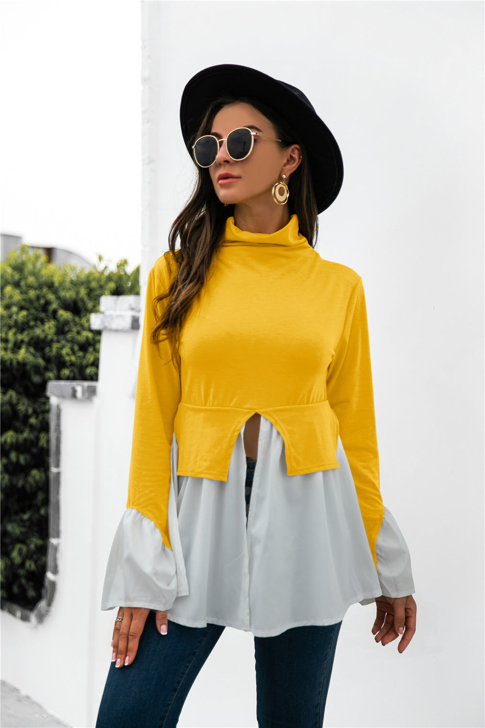 Color Block Patch Ruffle Hem Top