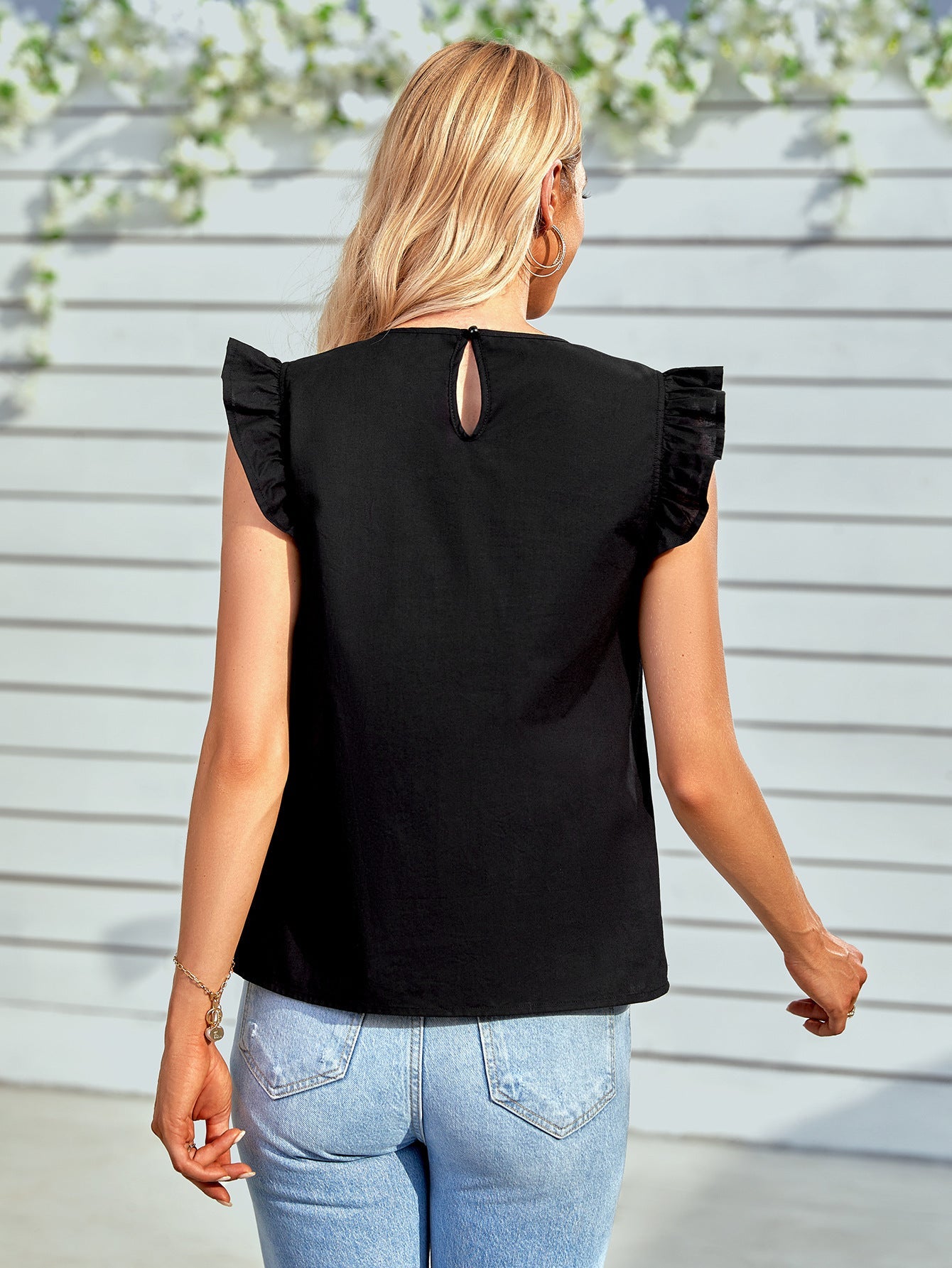 Ruffled Flutter Sleeve Lace Yoke Blouse