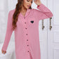 Heart Graphic Lapel Collar Long Sleeve Night Dress