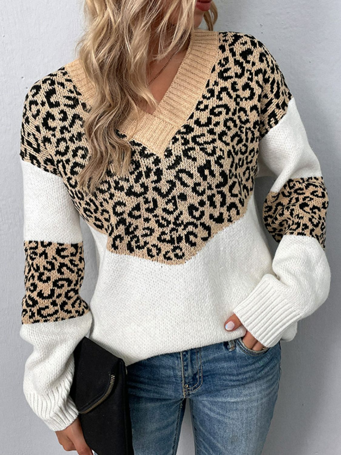 Leopard Color Block V-Neck Ribbed Trim Sweater