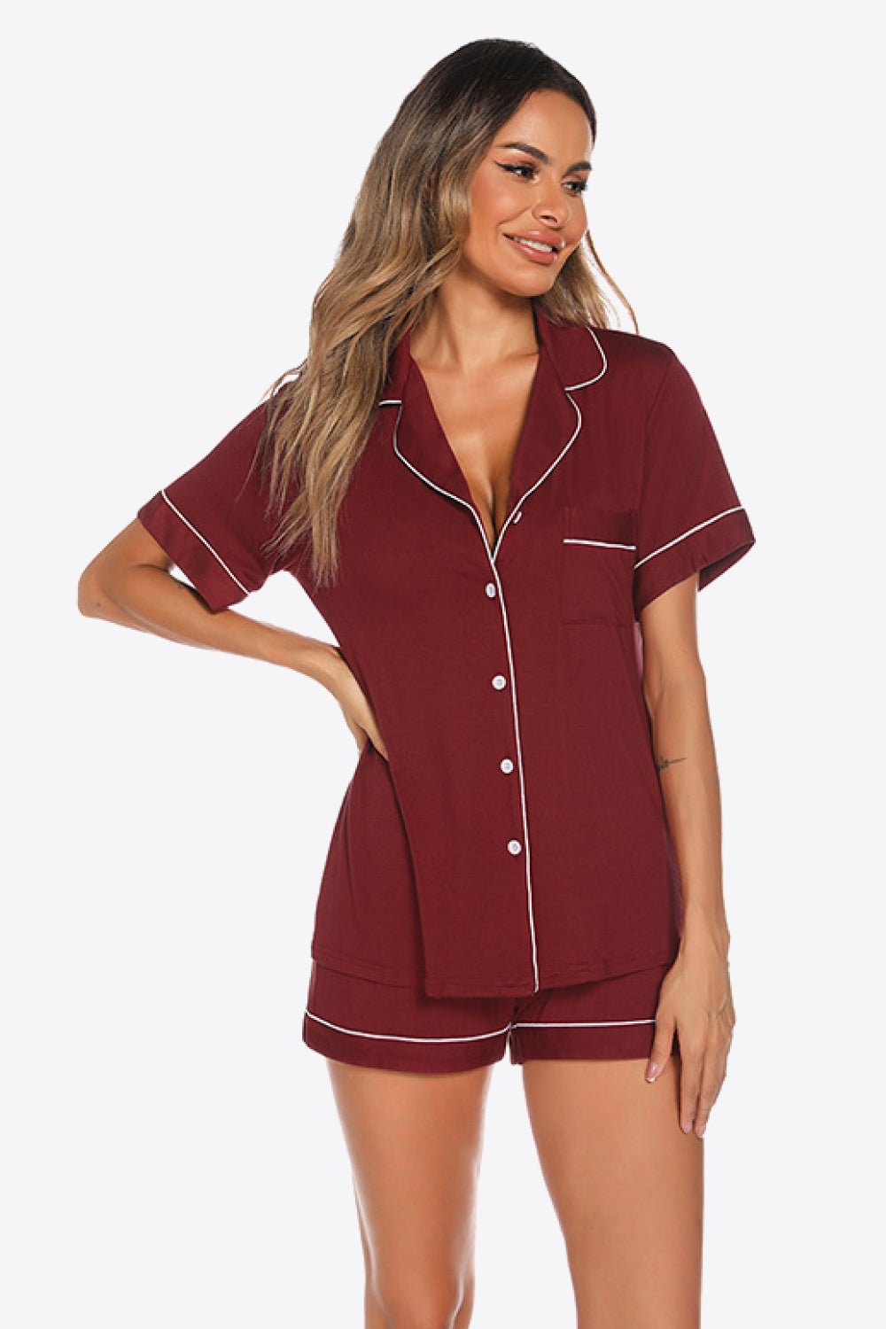 Contrast Piping Button Front Top and Shorts Lounge Set