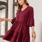 V-Neck Three-Quarter Flounce Sleeve Tiered Dress