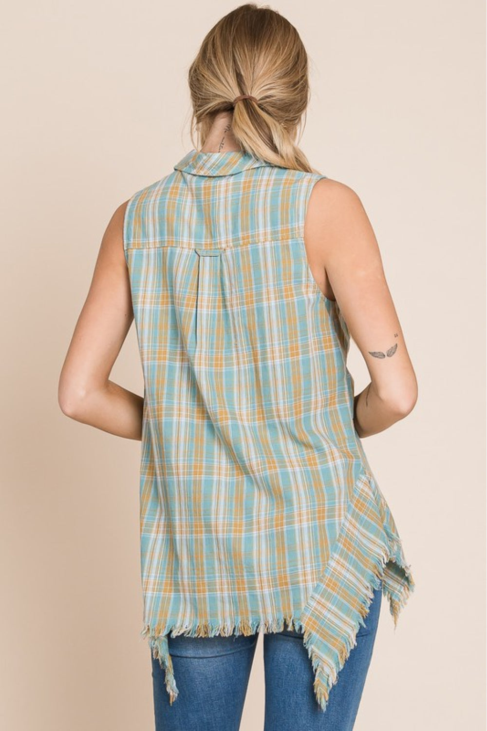 HEYSON Days Gone By Full Size Sleeveless Frayed Plaid Button-Up Shirt