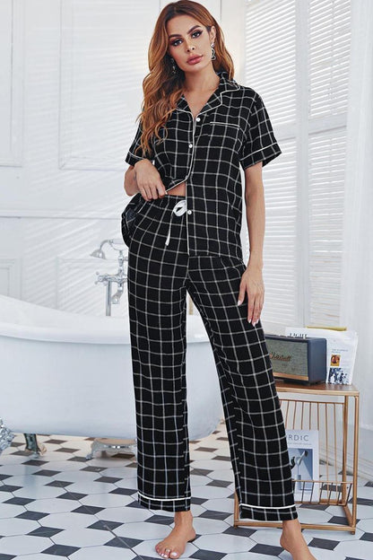 Grid Lapel Collar Short Sleeve Top and Pants Pajama Set