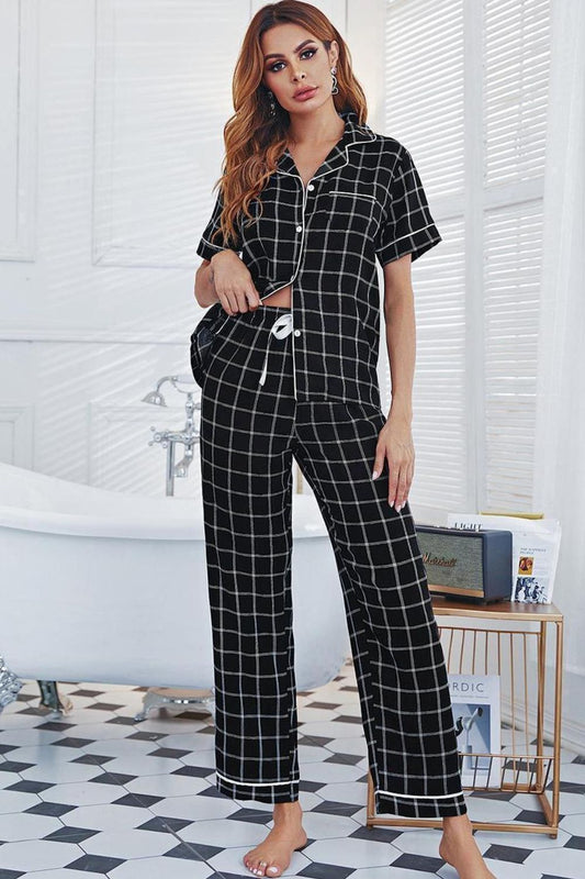 Grid Lapel Collar Short Sleeve Top and Pants Pajama Set