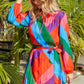 Multicolored Tie-Waist Pleated Balloon Sleeve Dress