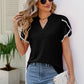 Pom-Pom Trim Petal Sleeve Notched Neck Top