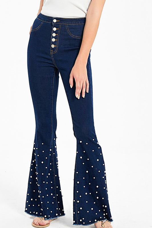 Full Size Pearl Trim Raw Hem Flare Leg Jeans