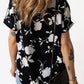 Floral Notched Neck Cuffed Short Sleeve Blouse