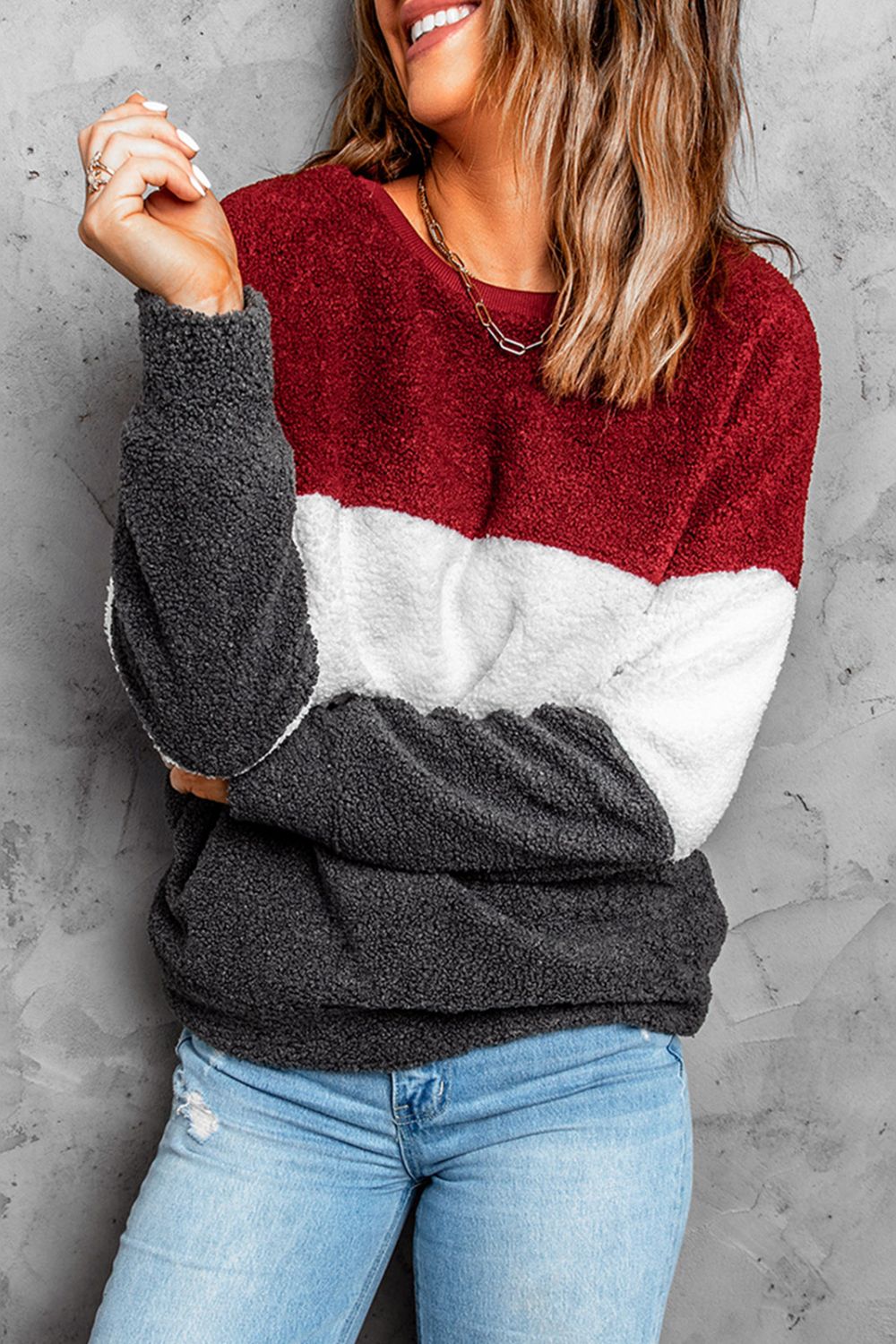 Color Block Round Neck Teddy Sweatshirt