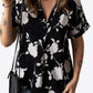 Floral Notched Neck Cuffed Short Sleeve Blouse