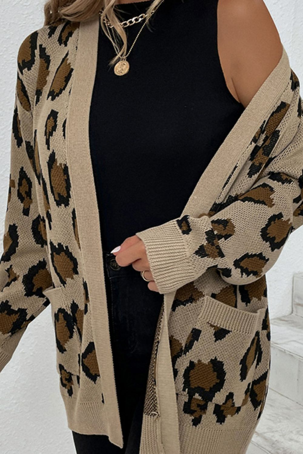 Leopard Print Ribbed Trim Dropped Shoulder Longline Cardigan