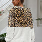 Spliced Leopard Drawstring Zip-Up Teddy Hoodie