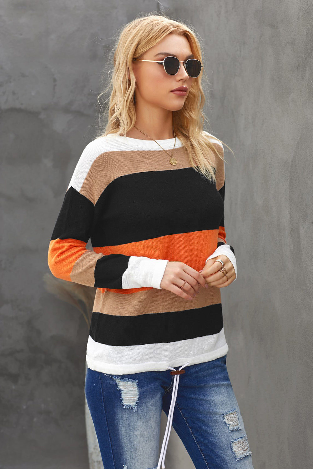 Color Block Drawstring Knit Top