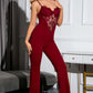 Spliced Lace Sweetheart Neck Flare Leg Jumpsuit
