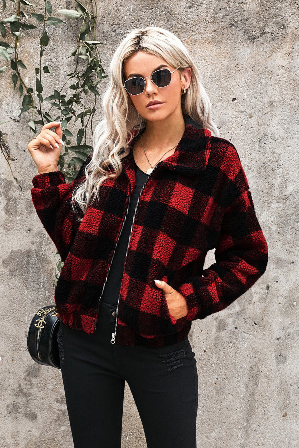 Plaid Print Sherpa Jacket Coat