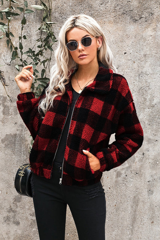 Plaid Print Sherpa Jacket Coat