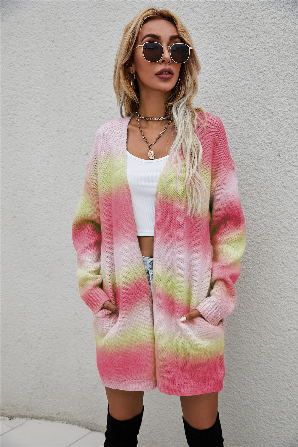Multicolored Gradient Open Front Longline Cardigan