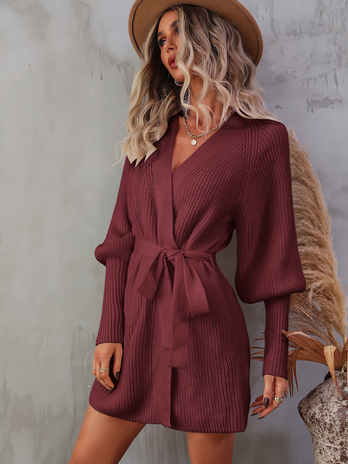 Belted Surplice Lantern Sleeve Wrap Sweater Dress Deals DejaVu Belted Surplice Lantern Sleeve Wrap Sweater Dress Deals DejaVu