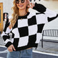 Checkered Round Neck Dropped Shoulder Knit Pullover