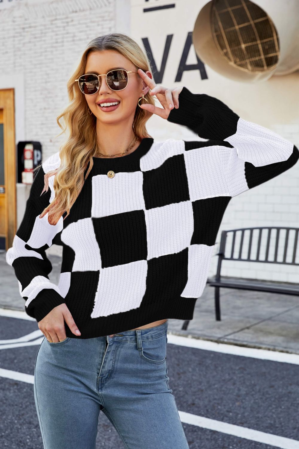 Checkered Round Neck Dropped Shoulder Knit Pullover