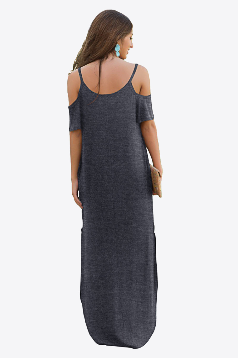 Cold-Shoulder Split Maxi Dress with Pockets