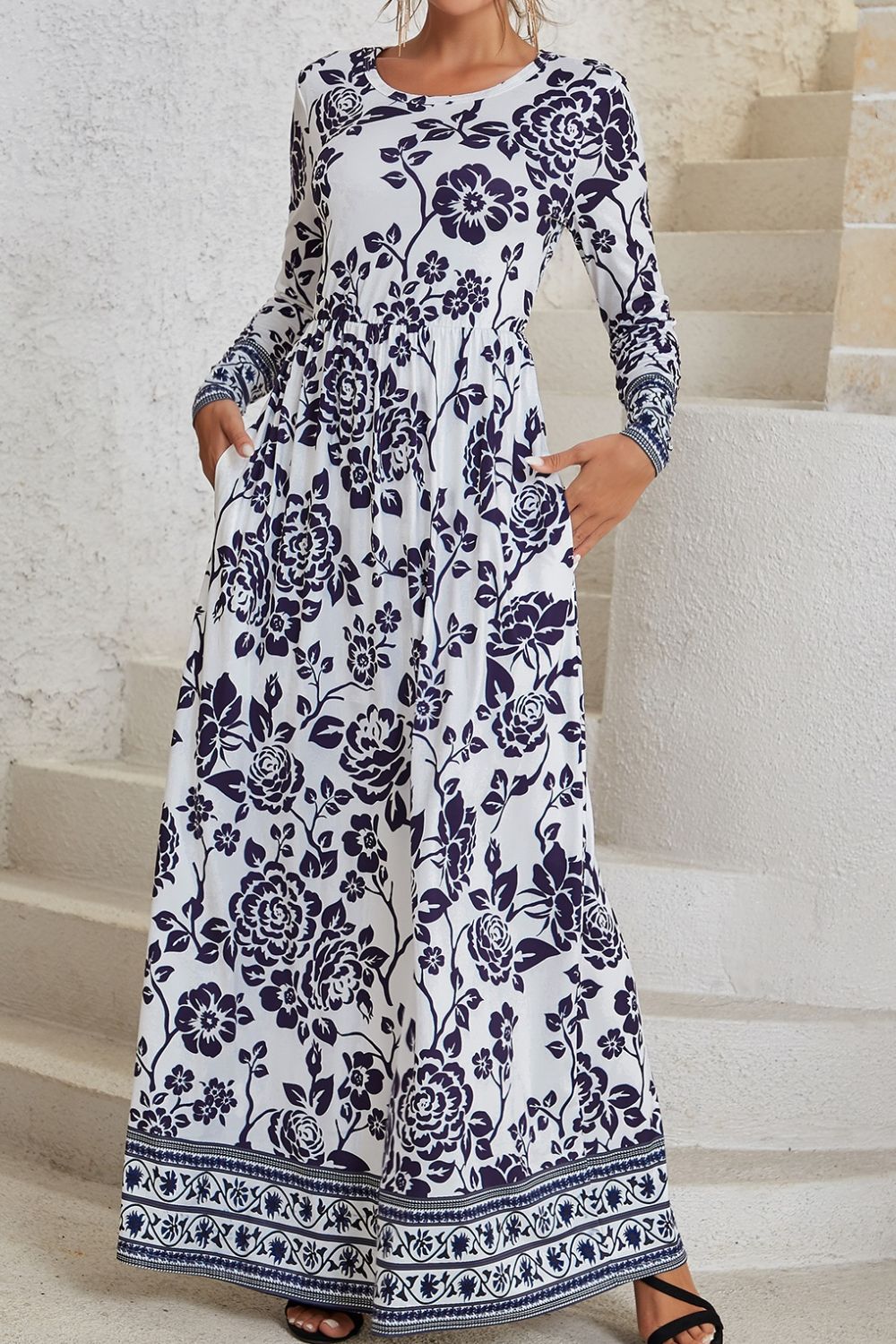 Bohemian Long Sleeve Maxi Dress with Pockets