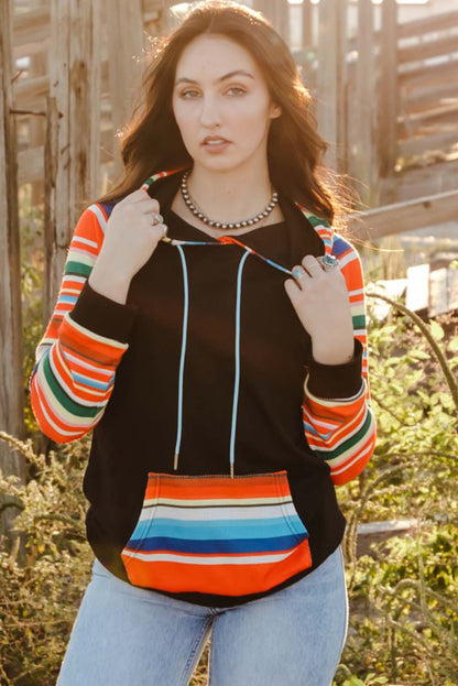 Multicolored Stripe Drawstring Raglan Sleeve Hoodie