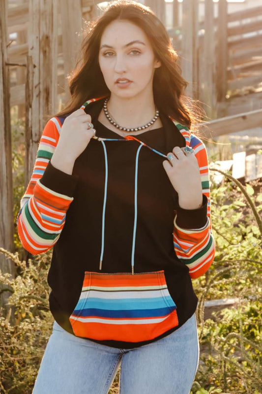 Multicolored Stripe Drawstring Raglan Sleeve Hoodie