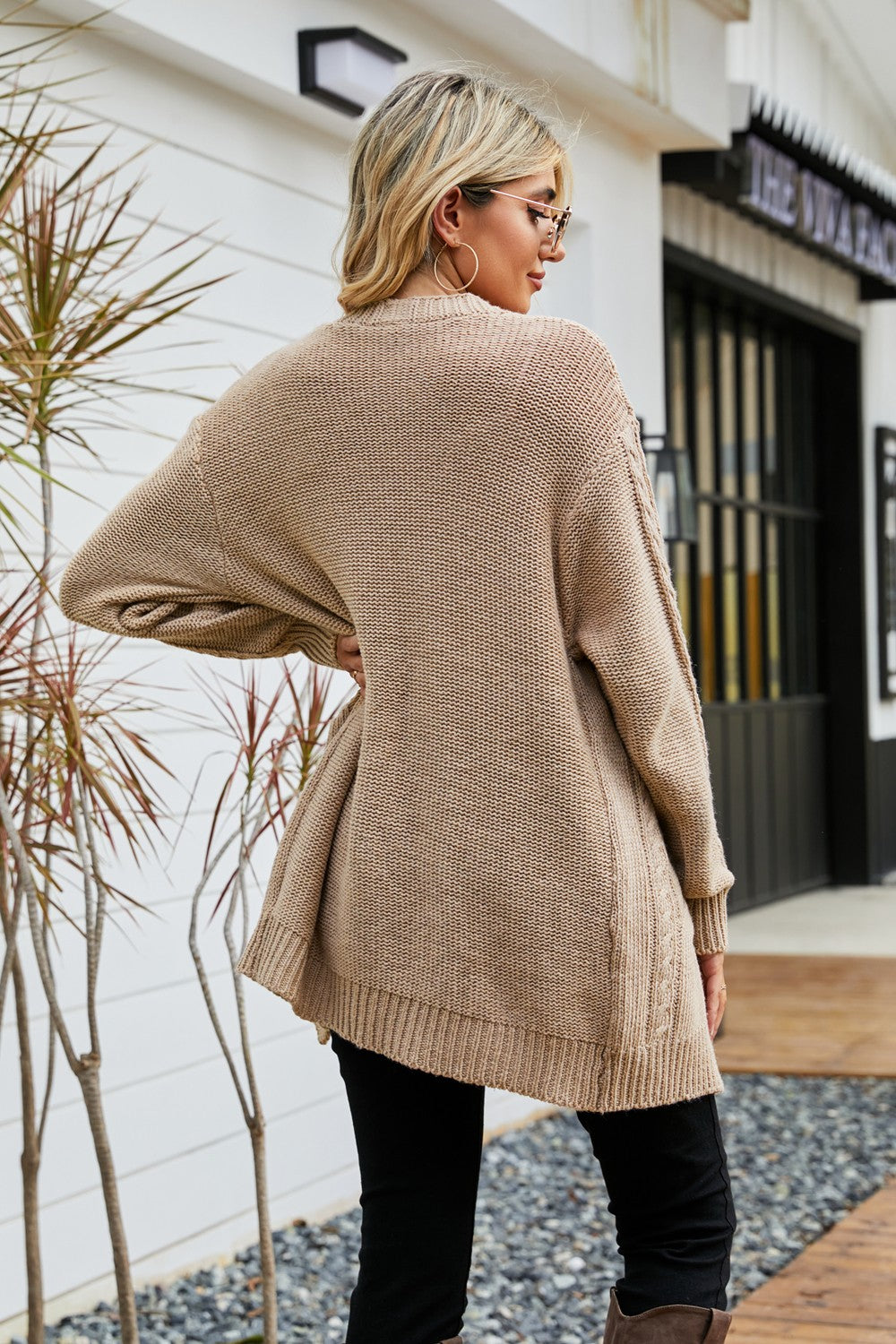 Ribbed Trim Cable-Knit Drop Shoulder Cardigan