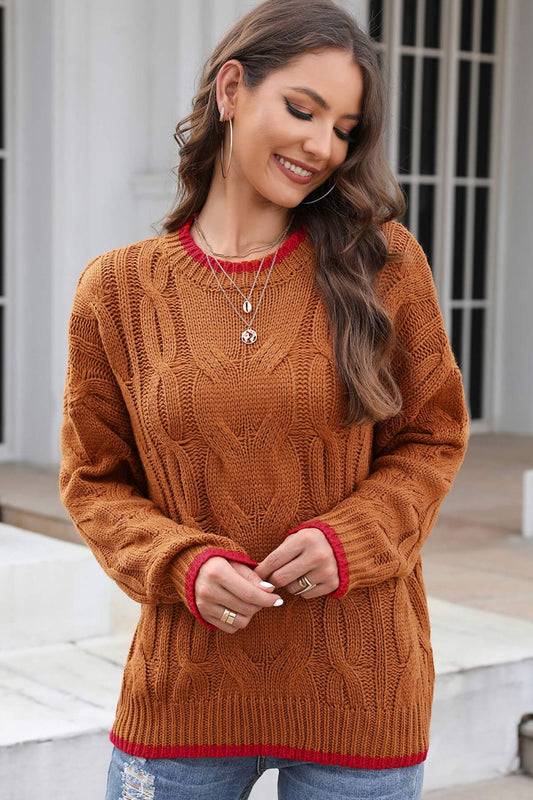 Contrast Trim Cable-Knit Sweater