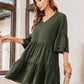 V-Neck Three-Quarter Flounce Sleeve Tiered Dress