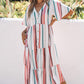 Striped Button Front Flutter Sleeve Tiered Shirt Dress