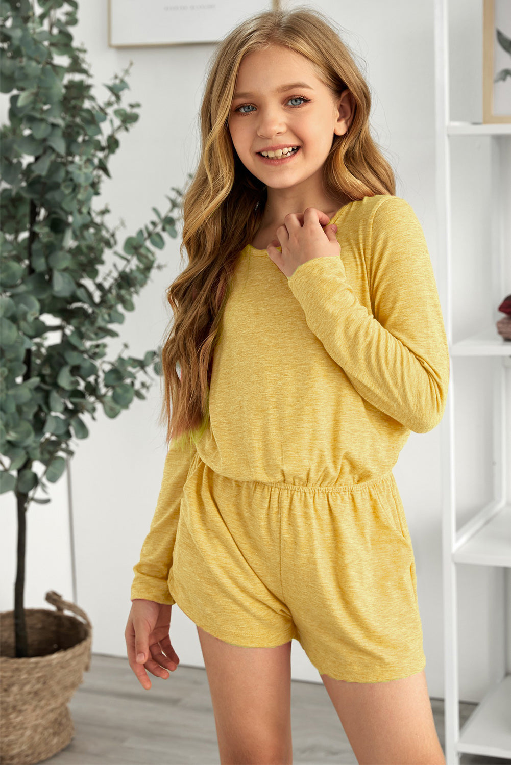 Girls Elastic Waist Long Sleeve Romper with Pockets