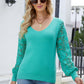 Lace Sleeve Ribbed Trim V-Neck Sweater